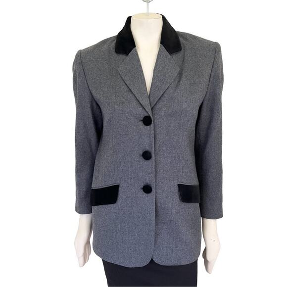 VTG 80s AMANDA SMITH Pure Wool 3 Button Velvet Trimmed Blazer Jacket SZ 4 - Picture 1 of 9
